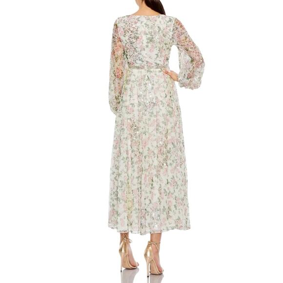 Mac Duggal White Embellished Floral Print Faux Wrap A Line Dress Women’s Sz 8 - Picture 6 of 10